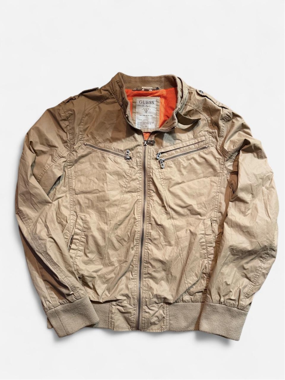 GUESS Los Angeles 1981 Men's Beige Bomber Jacket with Orange Lining Size Large